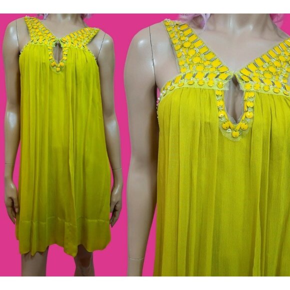 Y2K BCBG Chartreuse Green Silk Dress Size 2 Beaded Flowy Sleeveless Above Knee - Picture 1 of 7
